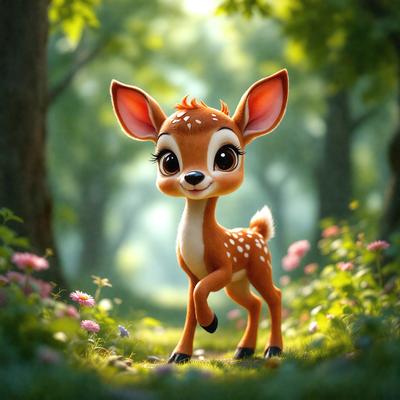 Primary subject: A cartoon deer with a pink nose and a smile on its face.

Setting/background: A forest with trees and flowers.

Visual style: Digital art.

Colors and mood: The deer is pink and white, and it appears to be happy and playful.